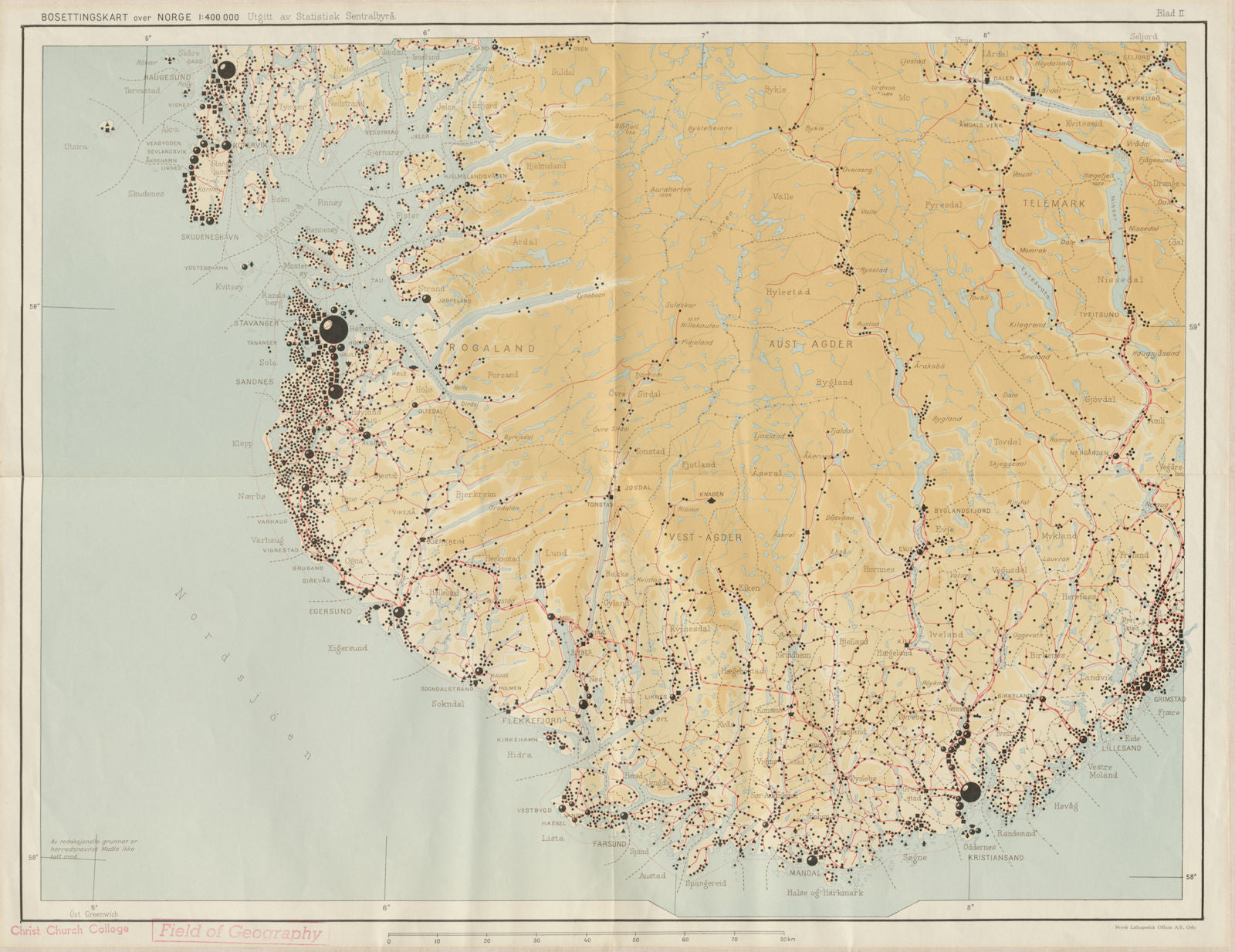 Norway Norge settlements. Stavanger Kristiansand Rogaland Agder 48x62cm 1950 map
